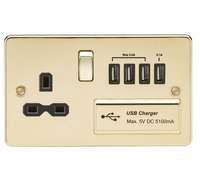 Flat plate 13A switched socket with quad USB charger - polished brass with black insert_base