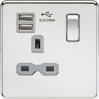 Screwless 13A 1G switched socket with dual USB charger (2.1A) - polished chrome with grey insert_base
