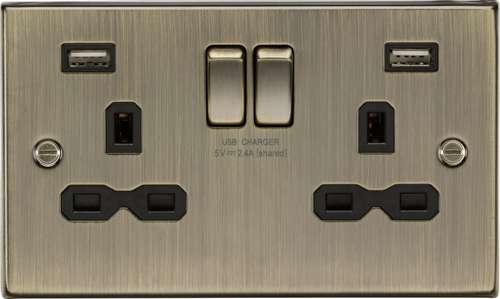Knightsbridge CS9224AB 13A 2G Switched Socket Dual USB Charger (2.4A) with Black Insert - Square Edge Antique Brass, CS
