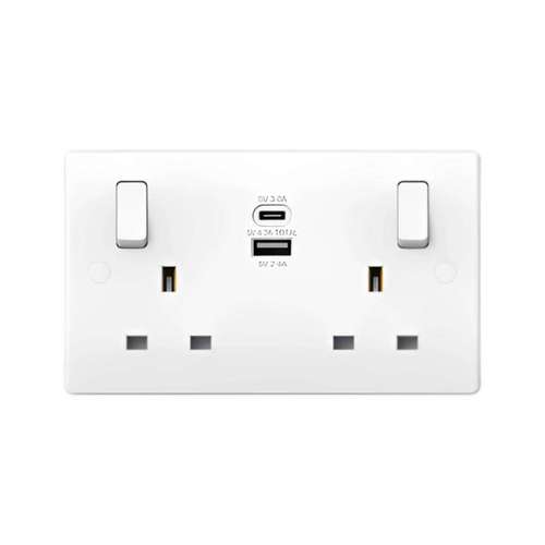 Slimline White 2G 13A SP Switched Socket USB + TYPE C Outlets