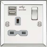 13A 1G Switched Socket Dual USB Charger Slots with Grey Insert - Bevelled Edge Polished Chrome_base