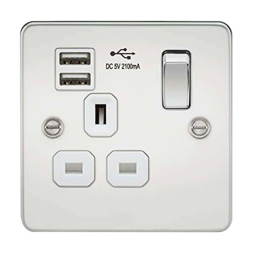 Knightsbridge FP9901PCW Flat Plate 13A 1G Switched Socket Dual USB Charger-Polished