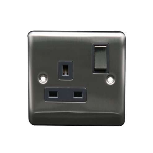 1G 13A DP Switched Socket Brushed Chrome, Grey insert