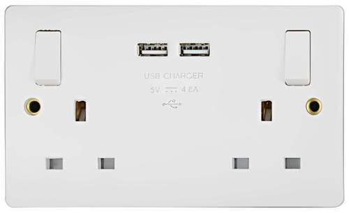 Slimline White 2G 13A DP Switched Socket + 2 USB Outlets, 4.8 Total Output
