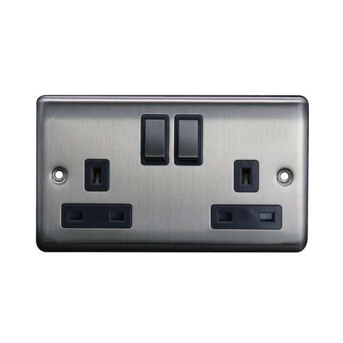 2G 13A DP Switched Socket Brushed Chrome, Grey insert
