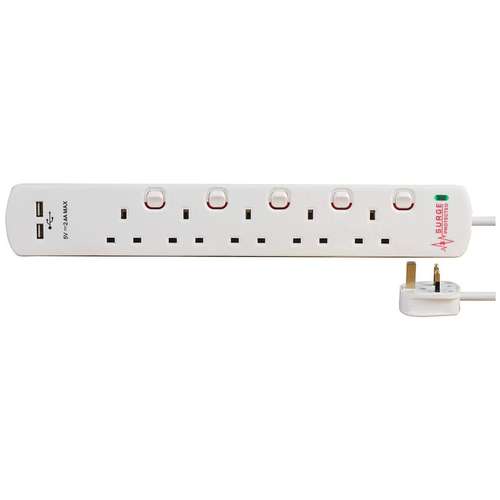 PIFCO SUR5G2MUSB Extension 2m Lead 13A Socket With 2x USB White 5 Gang_base