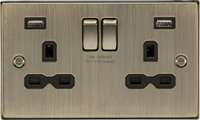 Knightsbridge CS9224AB 13A 2G Switched Socket Dual USB Charger (2.4A) with Black Insert - Square Edge Antique Brass, CS
