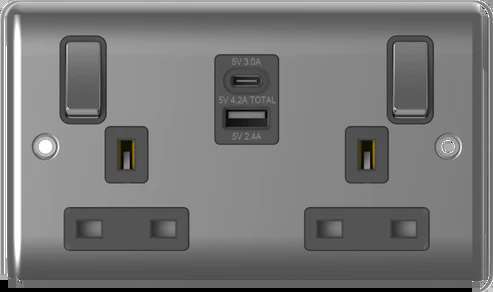 2G 13A SP Sw Socket USB + TYPE C  Brushed Chrome, Grey Insert