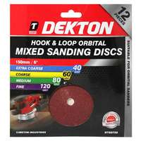 Dekton DT80720 12 Piece Hook & Loop Orbital Mixed Sanding Disc 150mm Diameter_base