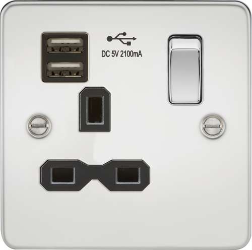Knightsbridge FPR9901PC FLAT PLATE 13A 1G SWITCHED SOCKET WITH DUAL USB CHARGER - POLISHED CHROME WITH BLACK INSERT
