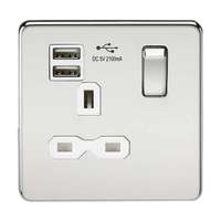 5 X Knightsbridge SF9901PCW 13 A 1-Gang Screwless Switched Socket with Dual USB Charger - Polished Chrome with White Insert