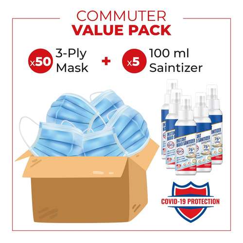Anti Covid Commuter Value Pack of 50 3 Ply Masks & 5 x 100ml Hand Sanitiser Sprays_base