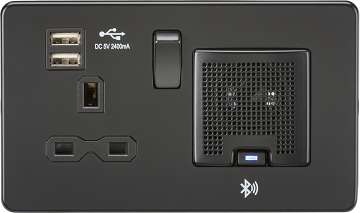 Screwless 13A socket, USB chargers (2.4A) and Bluetooth Speaker - Matt Black SFR9905MBB_base