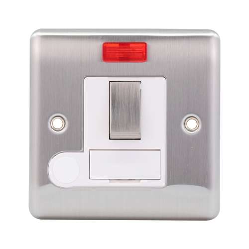 13A Switched Spur c/w Neon + FO Brushed Chrome, White Insert