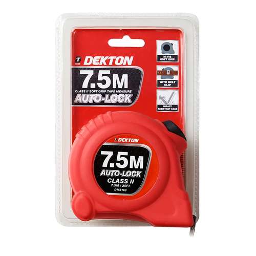 Dekton DT55163 HI VIS RED SOFT GRIP AUTOLOCK TAPE MEASURE 7.5M X 25MM