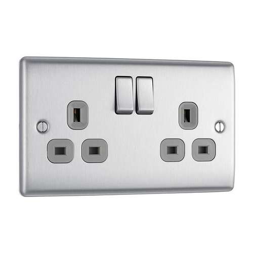 BG NBS22G Nexus Metal Brushed Steel 2G Double Switched Plug 13A Socket - Grey Inserts _base