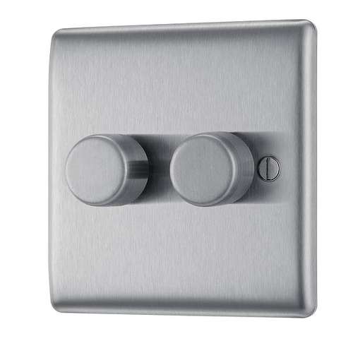 NBS82 Double Intelligent LED Dimmer Switch, 2-Way Push On/Off-Brushed Steel_base