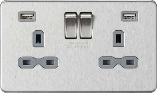Knightsbridge SFR9224BCG 13A 2G Switched Socket with Dual USB Charger (2.4A) - Brushed Chrome with Grey Insert