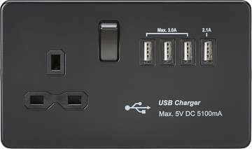 Screwless 13A switched socket with quad USB charger (5.1A) - Matt Black SFR7USB4MBB_base