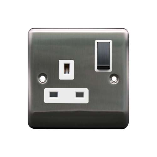 1G 13A DP Switched Socket Brushed Chrome, White insert