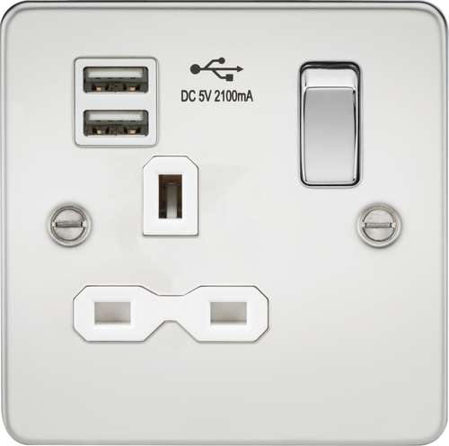 Knightsbridge FPR9901PCW FLAT PLATE 13A 1G SWITCHED SOCKET WITH DUAL USB CHARGER - POLISHED CHROME WITH WHITE INSERT