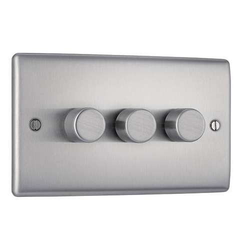 BG NBS83 Triple Intelligent LED Dimmer Switch, 2-Way Push On/Off-Brushed Steel_base