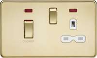 Screwless 45A DP switch and 13A switched socket with neons - polished brass with white insert