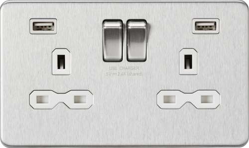 Knightsbridge SFR9224BCW 13A 2G Switched Socket with Dual USB Charger (2.4A) - Brushed Chrome with White Insert